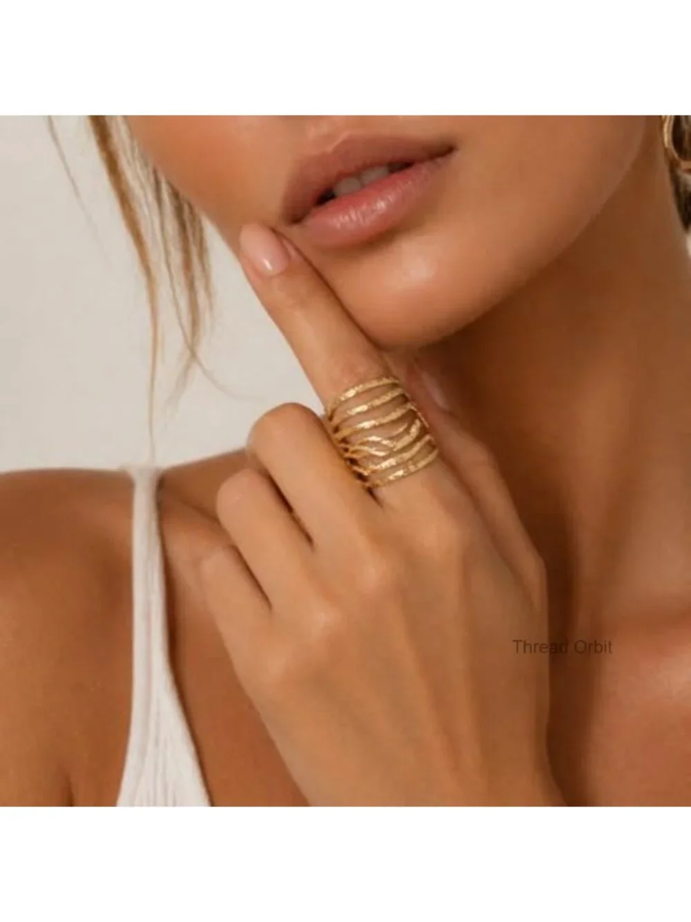 Gold Multi Layer Statement Ring, Wide Band Open Finger Stack Look Ring